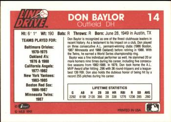 1991 Line Drive #14 Don Baylor Back