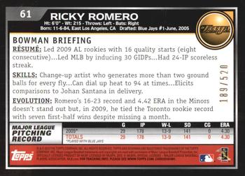 2010 Bowman - Blue #61 Ricky Romero Back