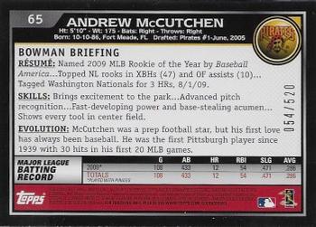 2010 Bowman - Blue #65 Andrew McCutchen Back