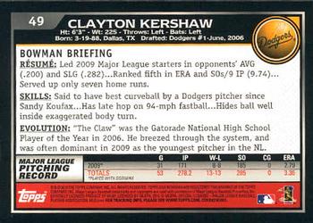 2010 Bowman - Gold #49 Clayton Kershaw Back