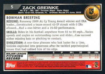 2010 Bowman - Gold #5 Zack Greinke Back