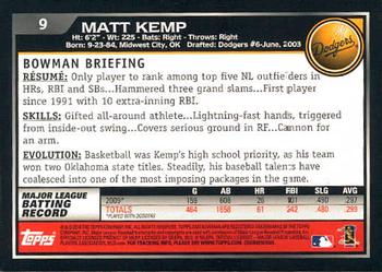 2010 Bowman - Gold #9 Matt Kemp Back