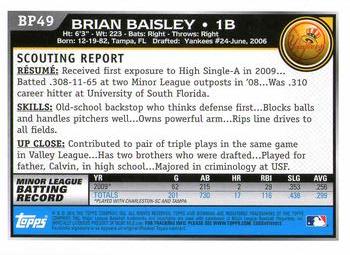 2010 Bowman Chrome - Prospects Black #BP49 Brian Baisley Back