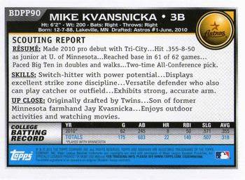 2010 Bowman Draft Picks & Prospects - Prospects #BDPP90 Mike Kvasnicka Back