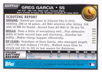 2010 Bowman Draft Picks & Prospects - Prospects Blue #BDPP44 Greg Garcia Back