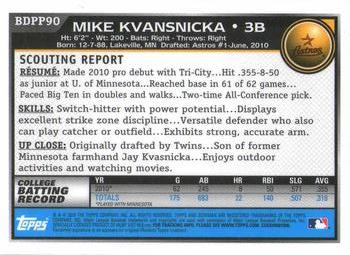 2010 Bowman Draft Picks & Prospects - Prospects Gold #BDPP90 Mike Kvasnicka Back