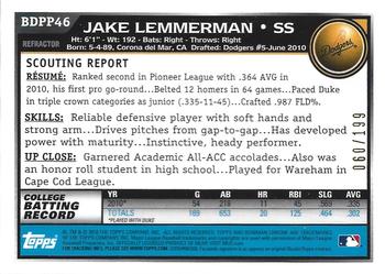 2010 Bowman Draft Picks & Prospects - Chrome Prospects Blue Refractors #BDPP46 Jake Lemmerman Back