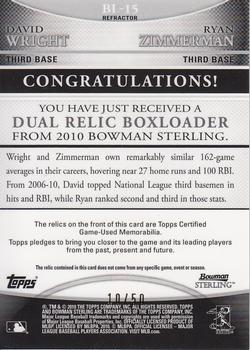 2010 Bowman Sterling - Dual Relics Gold Refractors #BL-15 David Wright / Ryan Zimmerman Back
