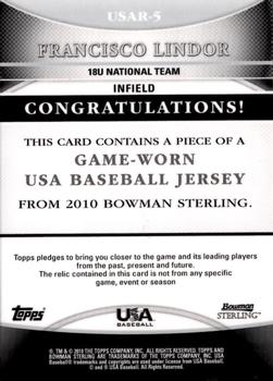 2010 Bowman Sterling - USA Baseball Relics #USAR-5 Francisco Lindor Back