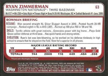 2011 Bowman - Gold #63 Ryan Zimmerman Back