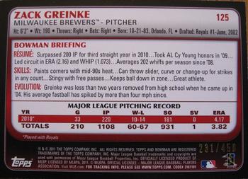 2011 Bowman - Green #125 Zack Greinke Back
