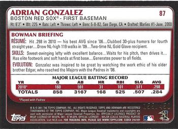 2011 Bowman - Green #87 Adrian Gonzalez Back