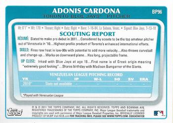 2011 Bowman - Prospects #BP96 Adonis Cardona Back