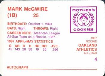 1987 Mother's Cookies Mark McGwire #4 Mark McGwire Back