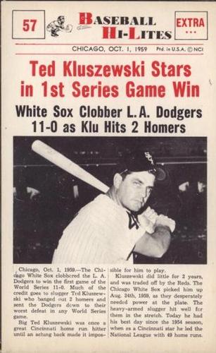 1960 Nu-Cards Baseball Hi-Lites #57 Ted Kluszewski Stars in 1st Series Game Win Front