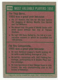 1975 Topps Mini #193 1955 MVPs (Yogi Berra / Roy Campanella) Back