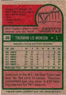 1975 Topps Mini #20 Thurman Munson Back