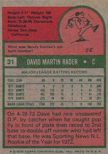 1975 Topps Mini #31 Dave Rader Back