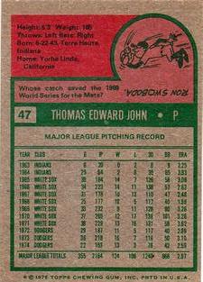 1975 Topps Mini #47 Tommy John Back
