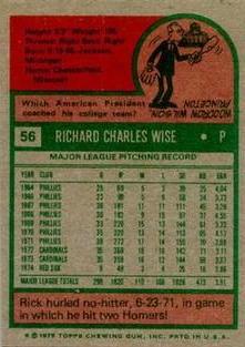 1975 Topps Mini #56 Rick Wise Back