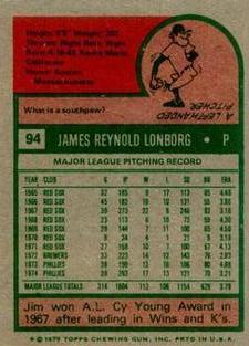 1975 Topps Mini #94 Jim Lonborg Back