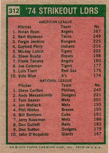 1975 Topps Mini #312 1974 Strikeout Leaders (Nolan Ryan / Steve Carlton) Back