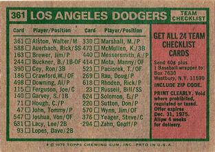 1975 Topps Mini #361 Los Angeles Dodgers / Walter Alston Back