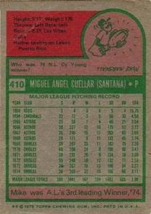 1975 Topps Mini #410 Mike Cuellar Back