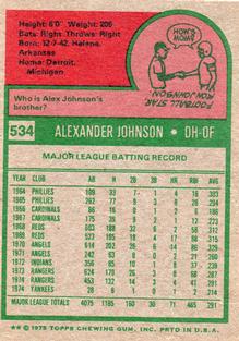1975 Topps Mini #534 Alex Johnson Back