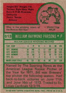 1975 Topps Mini #613 Bill Parsons Back