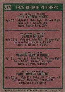 1975 Topps Mini #614 1975 Rookie Pitchers (Jack Kucek / Dyar Miller / Vern Ruhle / Paul Siebert) Back