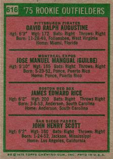 1975 Topps Mini #616 1975 Rookie Outfielders (Dave Augustine / Pepe Mangual / Jim Rice / John Scott) Back