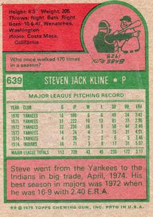 1975 Topps Mini #639 Steve Kline Back