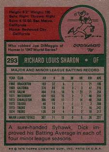 1975 Topps Mini #293 Dick Sharon Back