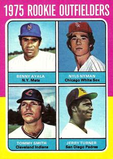 1975 Topps Mini #619 1975 Rookie Outfielders (Benny Ayala / Nyls Nyman / Tommy Smith / Jerry Turner) Front