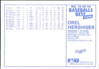 1986 Fleer Baseball's Best Sluggers vs. Pitchers #16 Orel Hershiser Back
