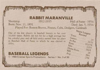 1980 Cramer Baseball Legends Series 1 #3 Rabbit Maranville Back