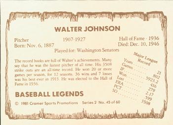 1981 Cramer Baseball Legends Series 2 #45 Walter Johnson Back