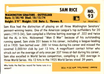 1980-87 SSPC HOF #93 Sam Rice Back