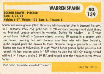 1980-87 SSPC HOF #139 Warren Spahn Back