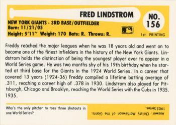 1980-87 SSPC HOF #156 Fred Lindstrom Back