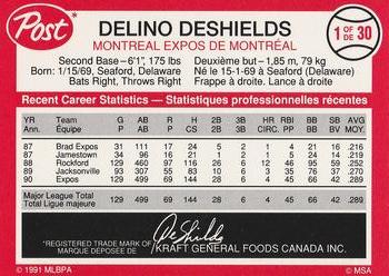 1991 Post Canada Super Star Series #1 Delino DeShields Back