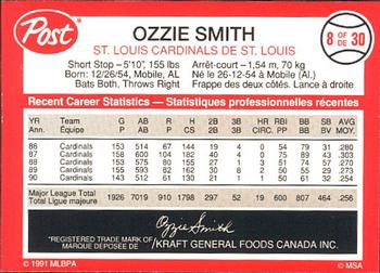 1991 Post Canada Super Star Series #8 Ozzie Smith Back