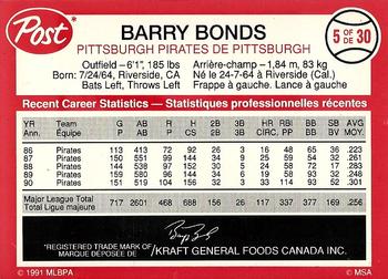 1991 Post Canada Super Star Series #5 Barry Bonds Back