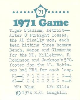 1974 Laughlin All-Star Games #71 Reggie Jackson - 1971 Back