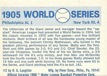 1970 Fleer World Series #2 1905 - Giants vs. A's - Christy Mathewson Back