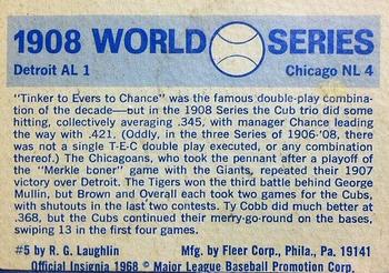1970 Fleer World Series #5 1908 - Cubs vs. Tigers - Joe Tinker / Johnny Evers / Frank Chance Back