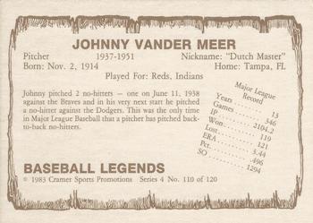 1983 Cramer Baseball Legends Series 4 #110 Johnny Vander Meer Back