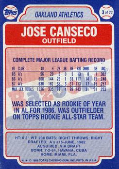 1988 Topps Bazooka #3 Jose Canseco Back