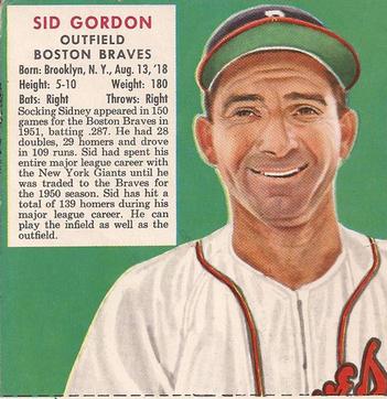 1952 Red Man #NL6 Sid Gordon Front